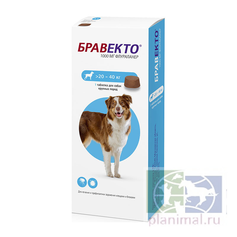 MSD: Бравекто, инсектоакарицная таблетка для собак 20-40 кг, флураланер 1000 мг на 12 недель
