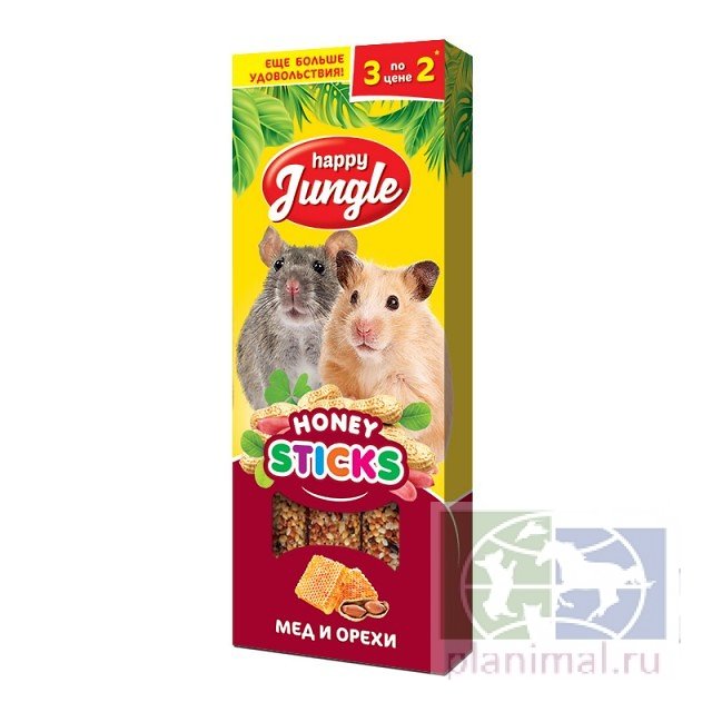 Happy Jungle Зерновые палочки для хомяков, песчанок, крыс, мышей Мёд и орехи, 3 шт., 90 гр.