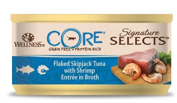 CORE SIGNATURE SELECTS консервы для кошек тунец с креветками в виде кусочков в бульоне 79 г