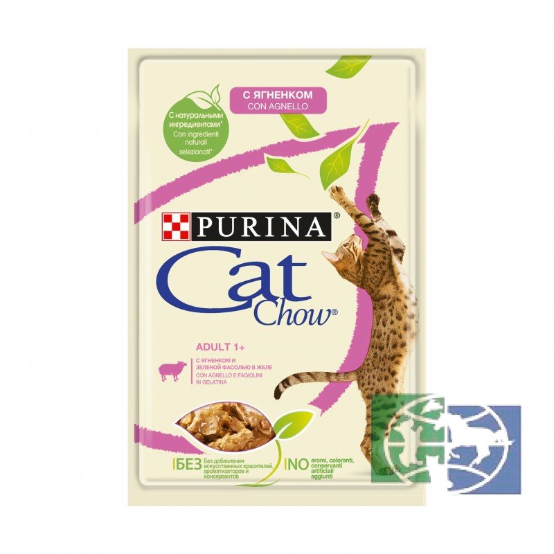 Консервы "Cat Chow", для взрослых кошек с ягненком и зеленой фасолью в желе, 85 гр.