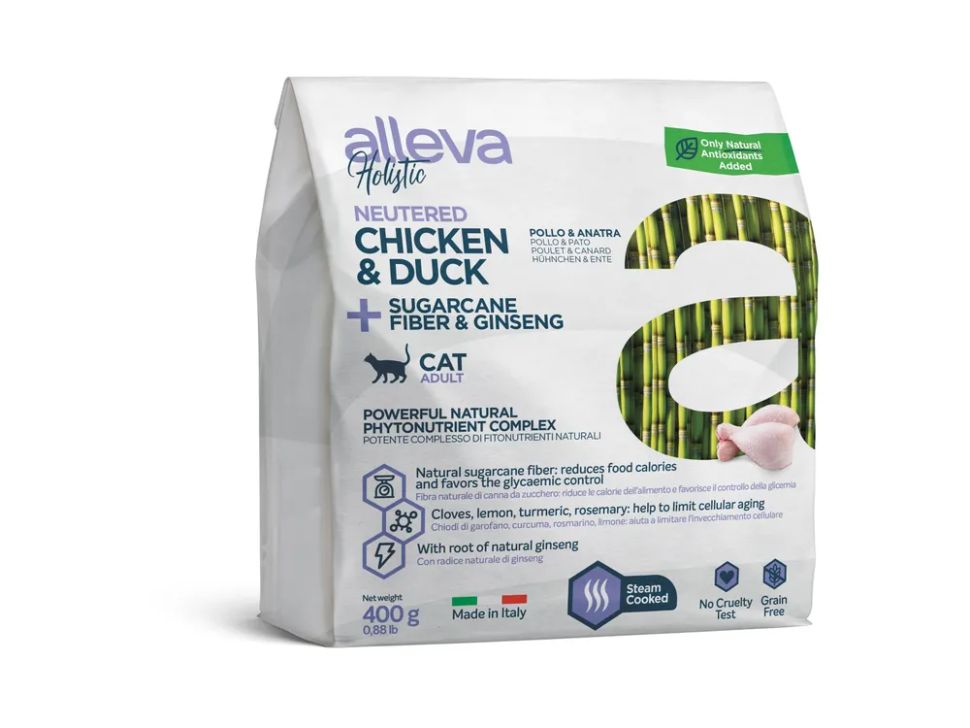 Alleva: Холистик, для стерилизованных кошек, курица и утка, волокна сахарного тростника и женьшень, 0,4 кг