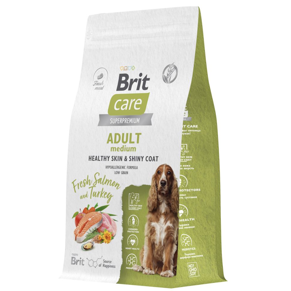 Brit: Care Сухой корм с лососем и индейкой для собак средних пород Dog Adult M Healthy Skin&Shiny Coat, 1,5 кг