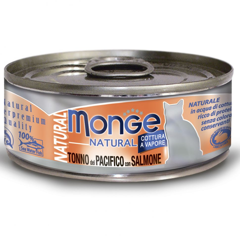 Monge: Cat Natural, консервы для кошек, тихоокеанский тунец с лососем, 80 гр.