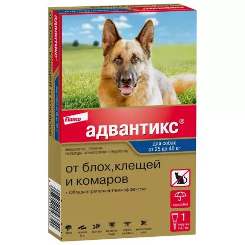 Elanco: Адвантикс 400 капли противопаразитарные, для собак более 25 кг, 4 пип/уп