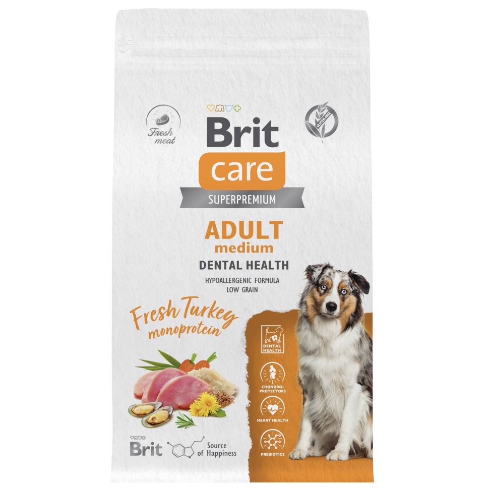 Brit: Care Сухой корм с индейкой, для взрослых собак средних пород Dog Adult M MONOPROTEIN Dental Health, 3 кг