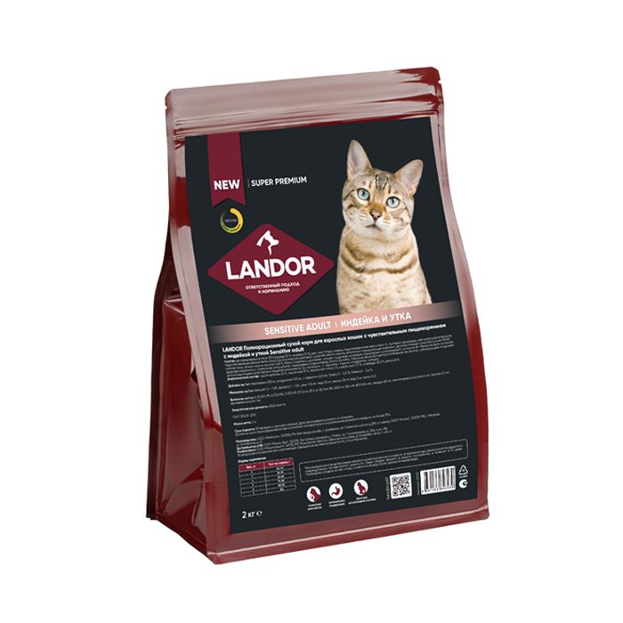 Landor: Sensitive, корм для кошек, с чувствительным пищеварением, c индейкой и уткой, 2 кг