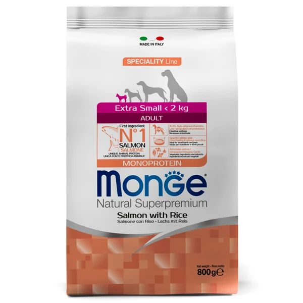 Monge: Speciality Extra Small, корм для взрослых собак миниатюрных пород, лосось с рисом, 800 гр.
