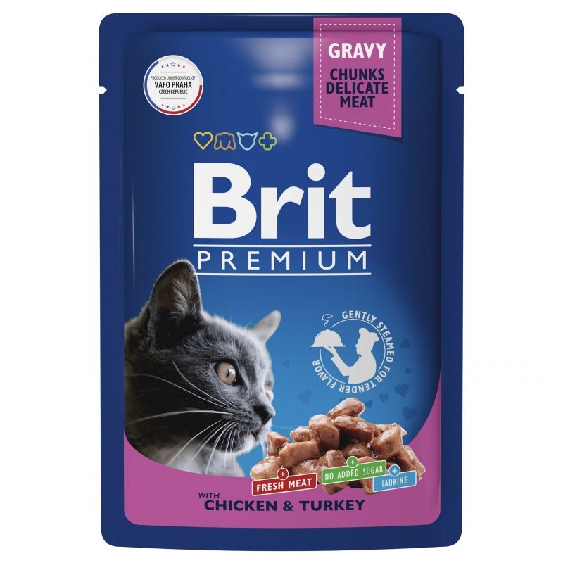 Brit: Premium, Пауч для взрослых кошек, Цыпленок и Индейка, в соусе, 85 гр.