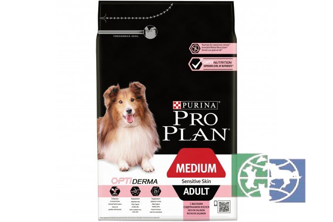 Сухой корм Purina Pro Plan для взрослых собак средних пород с чувствительной кожей, лосось с рисом, 1,5 кг