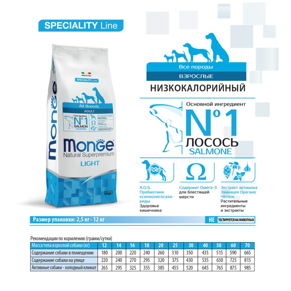 Monge: Dog Speciality Light, корм для собак всех пород, низкокалорийный, лосось с рисом, 12 кг