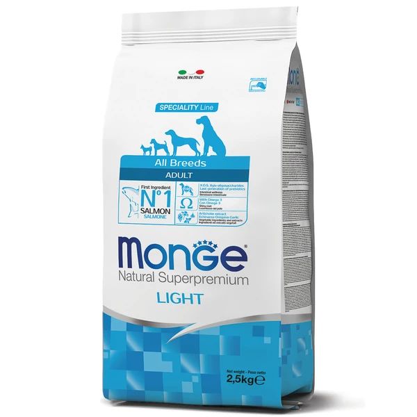 Monge: Dog Speciality Light, корм для собак всех пород, низкокалорийный, лосось с рисом, 12 кг