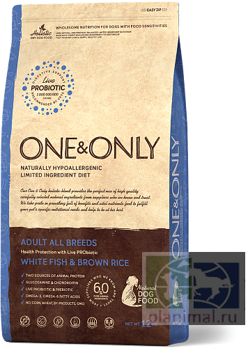 One&Only Dog Adult All breeds White Fish&Rice  корм для собак, белая рыба с бурым рисом, 1 кг + 1 кг ПРОМО