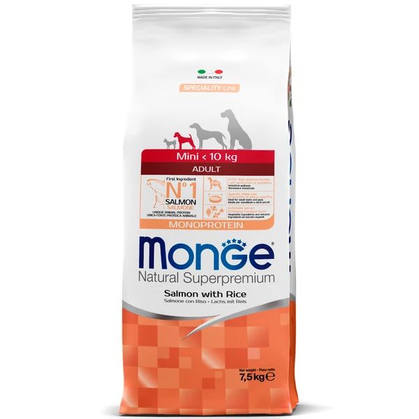 Monge: Dog Speciality Mini, корм для взрослых собак мелких пород, лосось с рисом, 7,5 кг