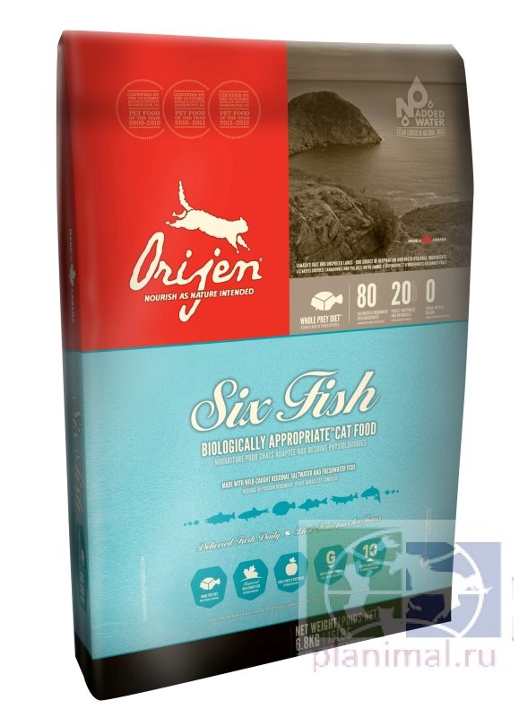 Orijen Cat 80/20 беззерновой корм для кошек: лосось, сельдь, сайда, камбала, судак, щука, сиг, 1,8 кг