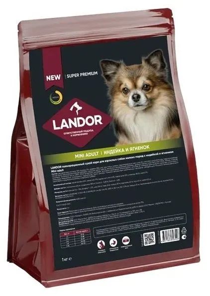 Landor: Dog Adult Mini, индейка с ягненком, для собак мини пород, 1 кг