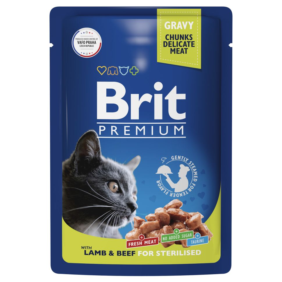 Brit: Premium, Пауч для взрослых стерилизованных кошек, Ягнёнок и говядина, в соусе, 85 гр.
