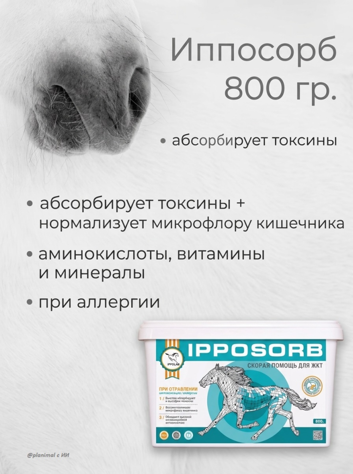 Пробио: Иппосорб, пробиотический энтеросорбент для лошадей, 800 гр.