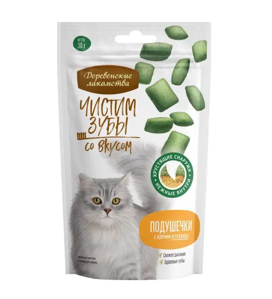 Деревенские Лакомства: Чистим зубы, для кошек, Подушечки с кремом из курицы, 30 гр.
