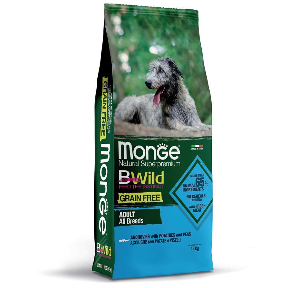 Monge: BWild GRAIN FREE, беззерновой корм, из анчоуса с картофелем и горохом, для собак, 12 кг