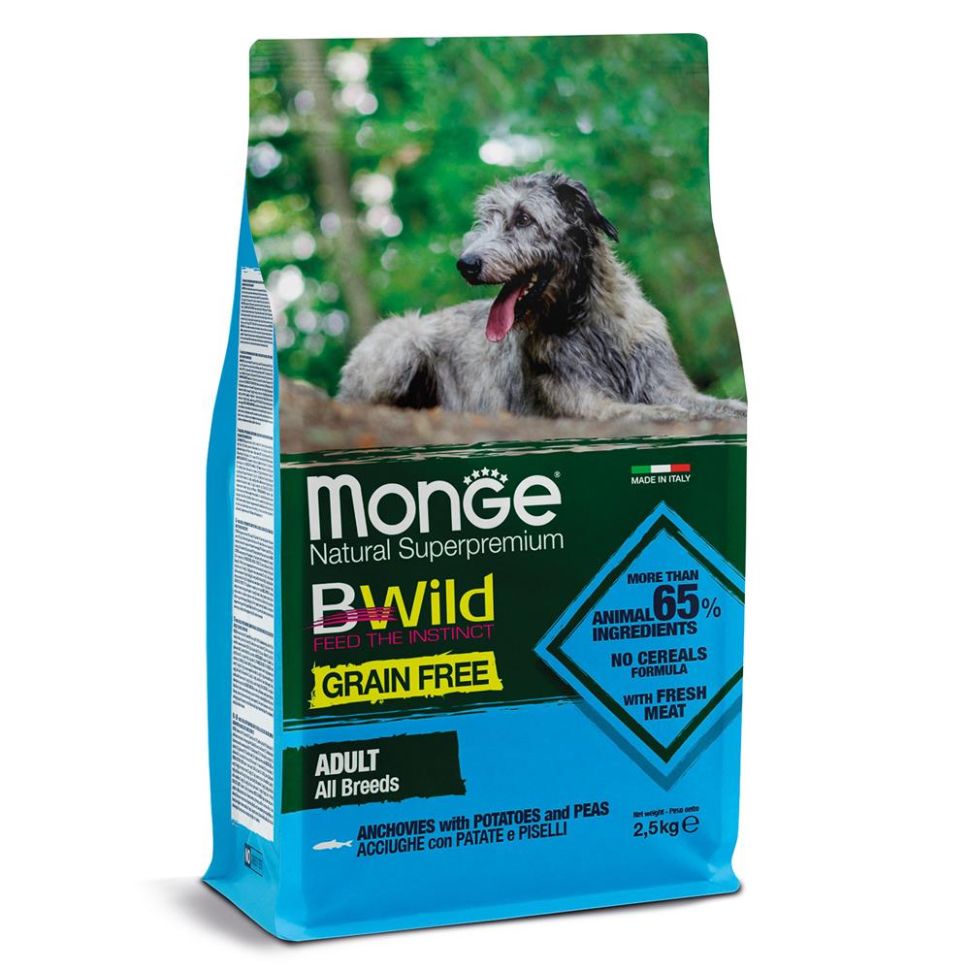 Monge: BWild GRAIN FREE, беззерновой корм, из анчоуса с картофелем и горохом, для собак, 2,5 кг
