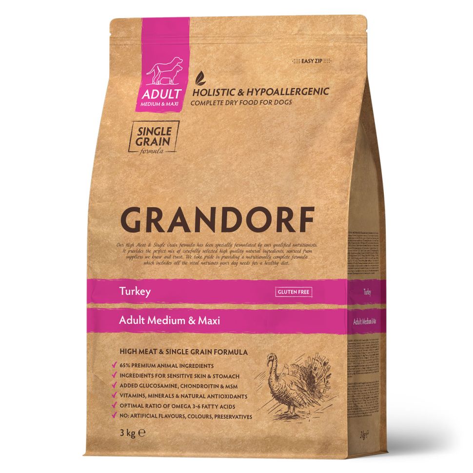 Grandorf Adult Medium & Maxi корм для собак средних и крупных пород индейка с бурым рисом, 3 кг