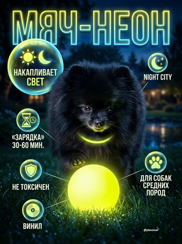 Triol: Игрушка для собак, Мяч-неон, серия NIGHT CITY, d= 6 см, винил, светится в темноте, 12101173