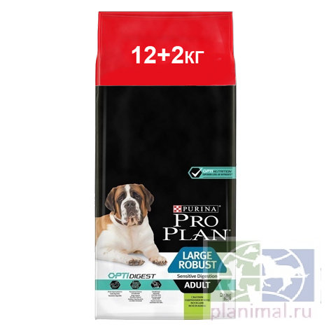 Сухой корм Purina Pro Plan для собак крупных пород с мощным телосложением с чувствительным пищеварением, ягнёнок, 12 кг + 2 кг в подарок
