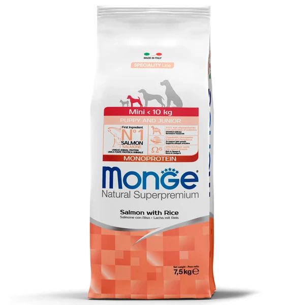 Monge: Dog Speciality Line Monoprotein, для щенков мелких пород, лосось с рисом, 7,5 кг