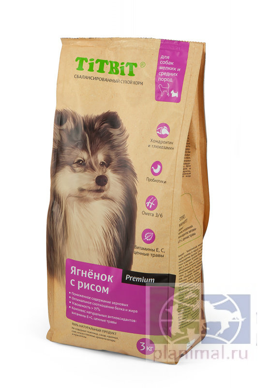 TITBIT корм сухой для собак мелких и средних пород ягненок с рисом 3 кг