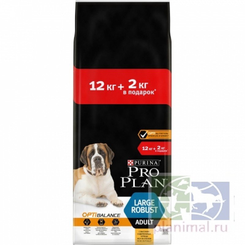 Сухой корм Purina Pro Plan для взрослых собак крупных пород с мощным телосложением, курица с рисом, пакет, 12 кг + 2 кг в подарок ПРОМО
