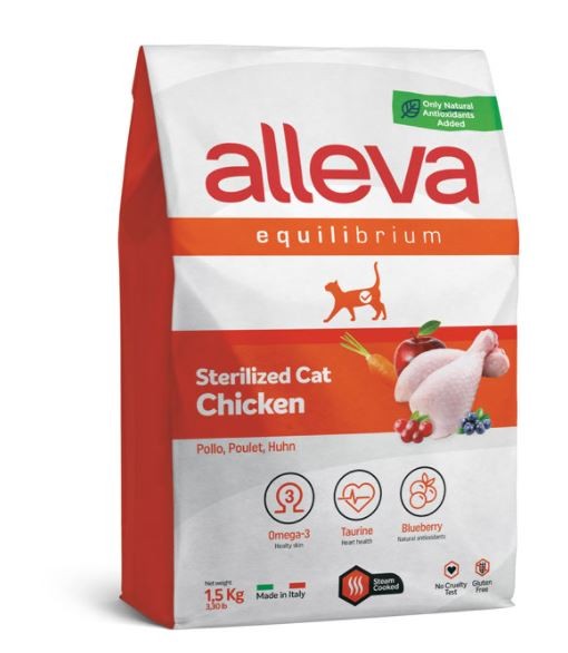 Alleva: Эквилибриум, корм для кастрированных котов и стерилизованных кошек, с курицей, 1,5 кг