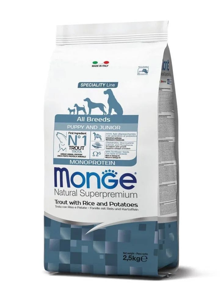 Monge: Dog Speciality Line Monoprotein, для щенков всех пород, форель с рисом и картофелем, 2,5 кг