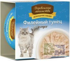 Деревенские лакомства: Домашние обеды: филейный тунец в соусе для кошек, 80 гр. ж/б