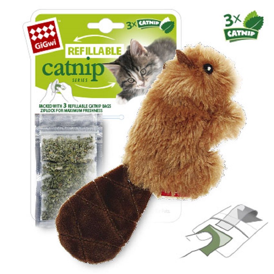 GiGwi: Бобренок с кошачьей мятой, игрушка для кошек, серия REFILLABLE CATNIP, 16 см