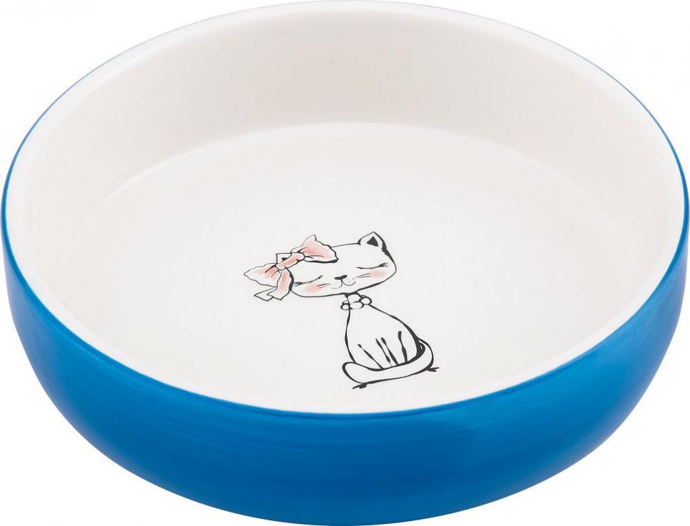 КерамикАрт миска керамическая для кошек "кошка с бантиком" 370 мл, голубая