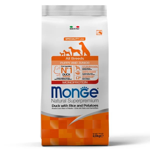 Monge: Dog Speciality Line Monoprotein, для щенков всех пород, утка с рисом и картофелем, 2.5 кг