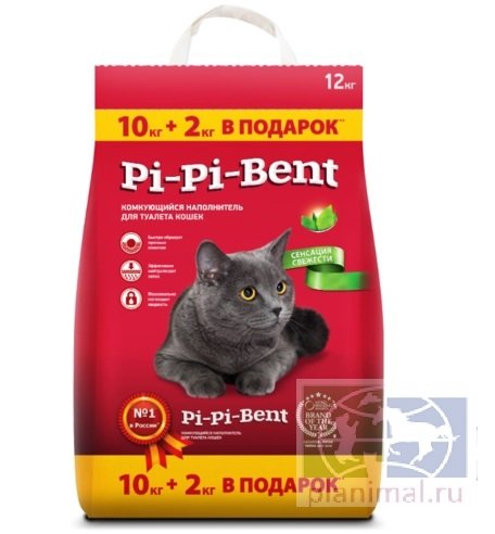 Pi-Pi-Bent Комкующ. наполнитель для кошек"Сенсация свежести", 10 кг + 2 кг в подарок