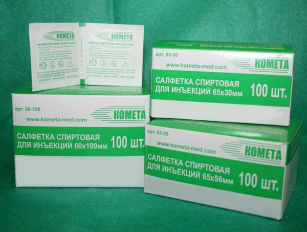Салфетка спиртовая д/инъекций 65*56 мм, 100шт./уп, "Комета"цена 1шт.