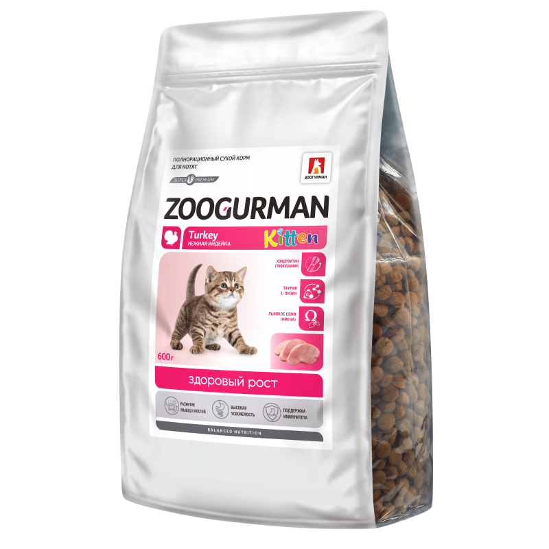 Zoogurman Kitten сухой корм для котят Нежная индейка, 600 гр.
