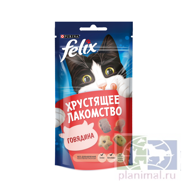 Хрустящее Лакомство Felix для взрослых кошек с говядиной, пауч, 60 гр.