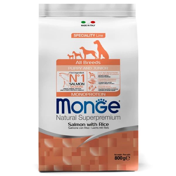 Monge: Dog Speciality Puppy&Junior, корм для щенков всех пород, лосось с рисом, 800 гр.