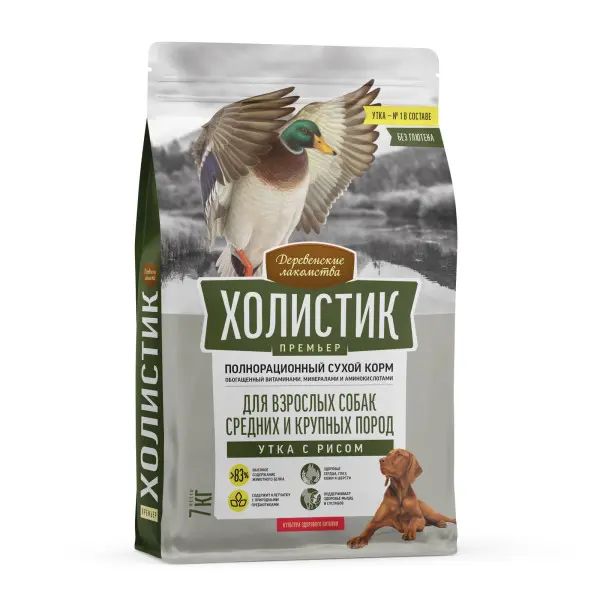 Деревенские лакомства: Холистик Премьер, утка с рисом, корм для средних и крупных пород, 7 кг