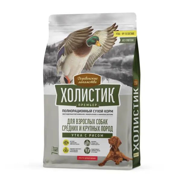 Деревенские лакомства: Холистик Премьер, утка с рисом, корм для средних и крупных пород, 7 кг
