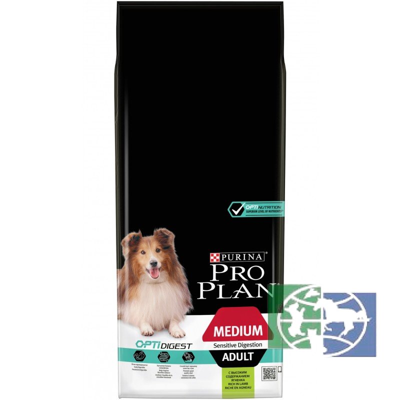 Сухой корм Purina Pro Plan для взрослых собак средних пород с чувствительным пищеварением, ягнёнок, 14 кг