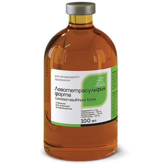 Агрофарм: Левотетрасульфин Форте, раствор для инъекций, хлорамфеникол, метронидазол, стрептоцид, 100 мл