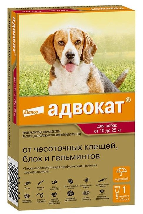 Elanco: Адвокат раствор для наружного применения для собак 10-25 кг, 1 пипетка 2,5 мл