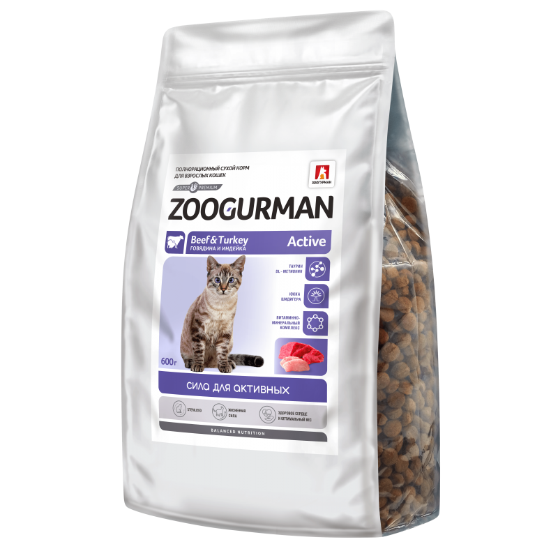 Zoogurman Active сухой корм для кошек Говядина и индейка, 600 гр.