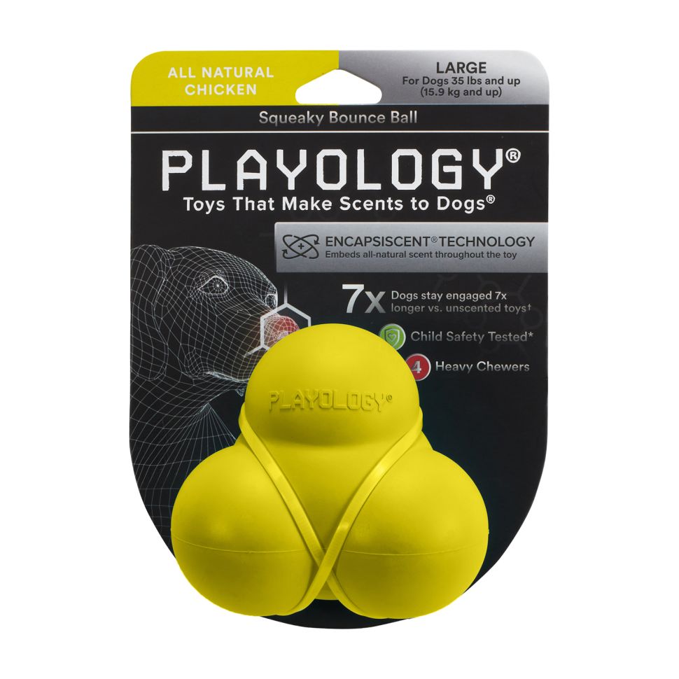 Playology жевательный тройной мяч SQUEAKY BOUNCE BALL для собак средних и крупных пород, с пищалкой и с ароматом курицы, цвет желтый