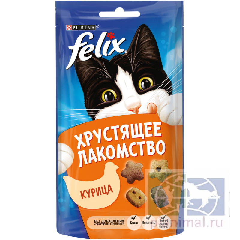Хрустящее Лакомство Felix для взрослых кошек с курицей, пауч, 20 гр.