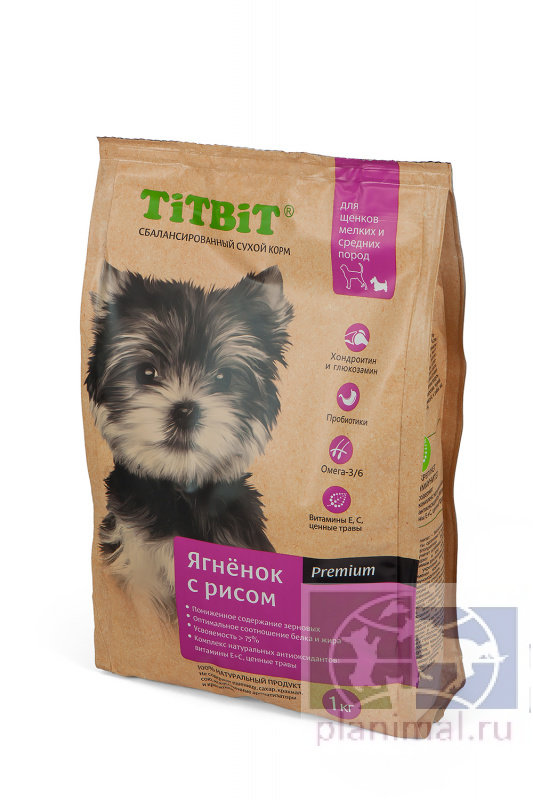 TITBIT корм сухой для щенков мелких и средних пород ягненок с рисом 1 кг